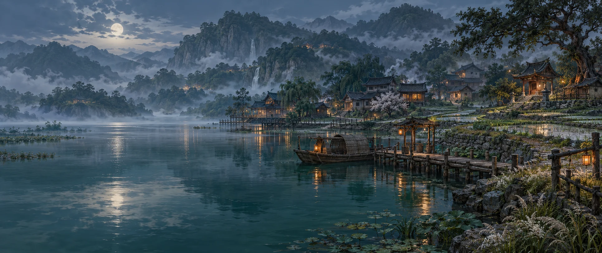 月色下的湖畔族地,山间灵田与暖灯楼阁