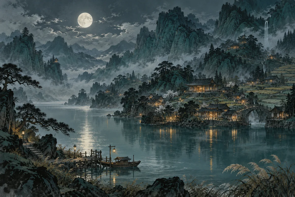 月色下的湖畔族地,山间灵田与暖灯楼阁
